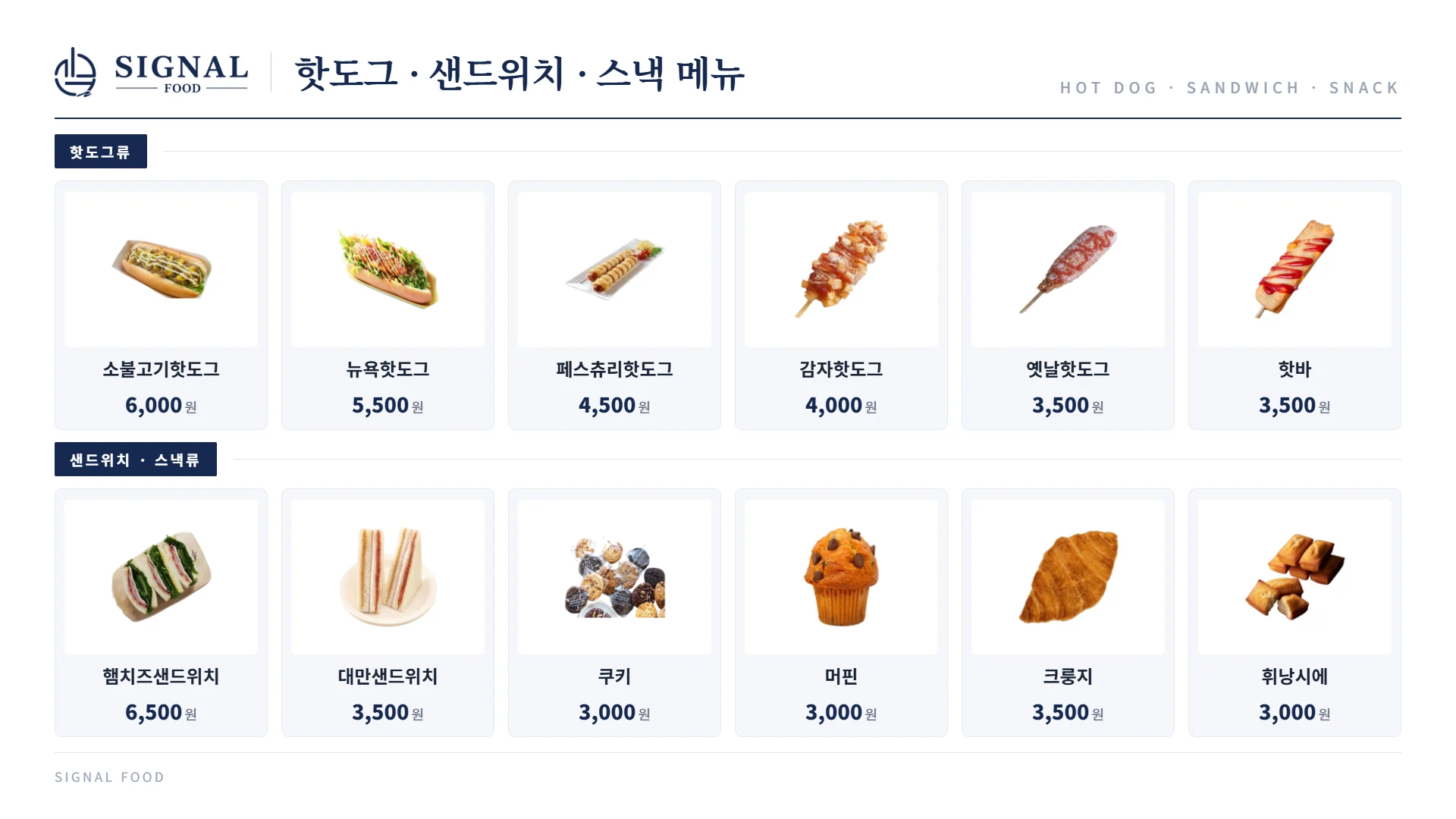 핫도그 · 샌드위치 · 스낵 메뉴판 - 핫도그류(소불고기핫도그 6,000원, 뉴욕핫도그 5,500원, 페스츄리핫도그 4,500원, 감자핫도그 4,000원, 옛날핫도그 3,500원, 핫바 3,500원), 샌드위치·스낵류(햄치즈샌드위치 6,500원, 대만샌드위치 3,500원, 쿠키 3,000원, 머핀 3,000원, 크룽지 3,500원, 휘낭시에 3,000원)