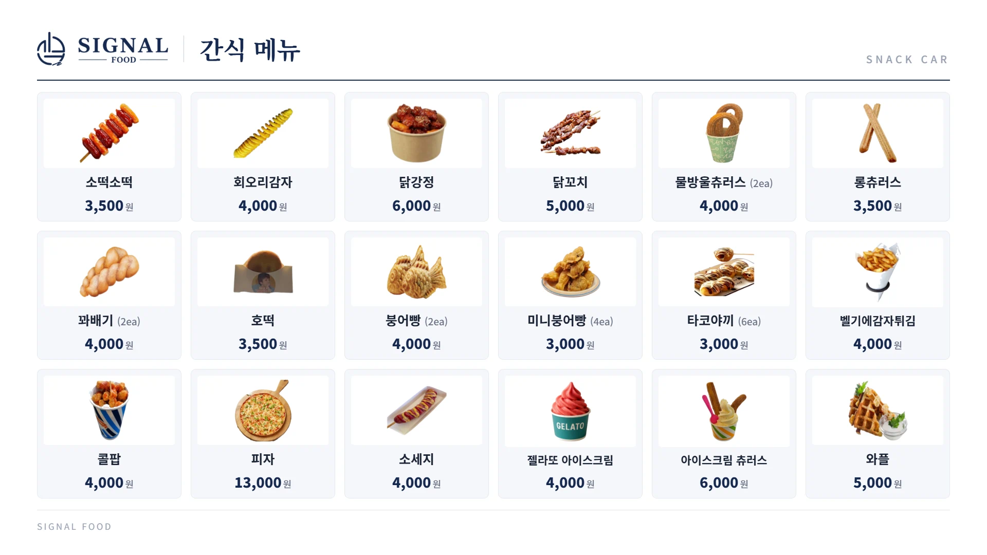 간식차 메뉴판 - 소떡소떡 3,500원, 회오리감자 4,000원, 닭강정 6,000원, 닭꼬치 5,000원, 물방울츄러스 2개 4,000원, 롱츄러스 3,500원, 꽈배기 2개 4,000원, 호떡 3,500원, 붕어빵 2개 4,000원, 미니붕어빵 4개 3,000원, 타코야끼 6개 3,000원, 벨기에감자튀김 4,000원, 콜팝 4,000원, 피자 13,000원, 소세지 4,000원, 젤라또 아이스크림 4,000원, 아이스크림 츄러스 6,000원, 와플 5,000원